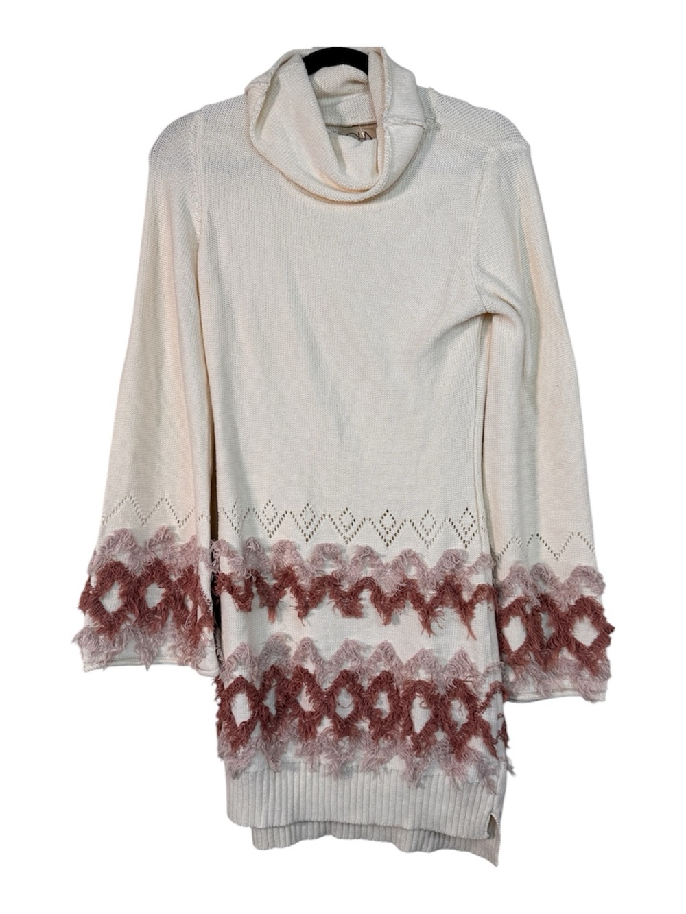 Chaser Cream Pink Shag Embroidered Sweater Dress Womens M Turtleneck Mini Boho